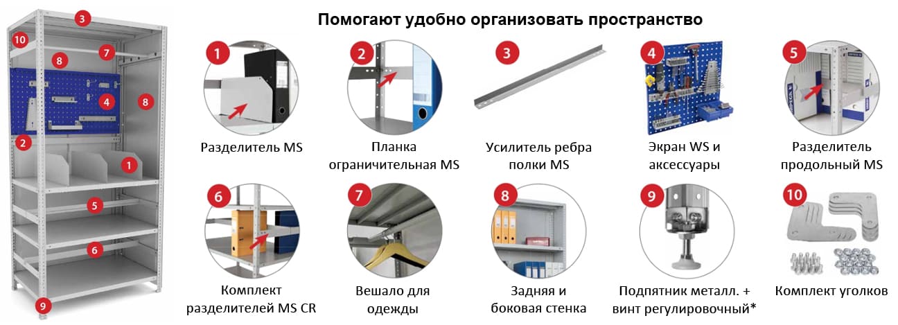 Дополнительные аксессуары для металлического стеллажа MS Дополнительные аксессуары для металлического стеллажа MS